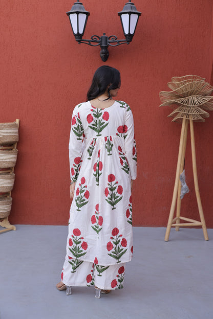 White & Maroon Floral Printed Cotton Nyra Cut Kurta Set