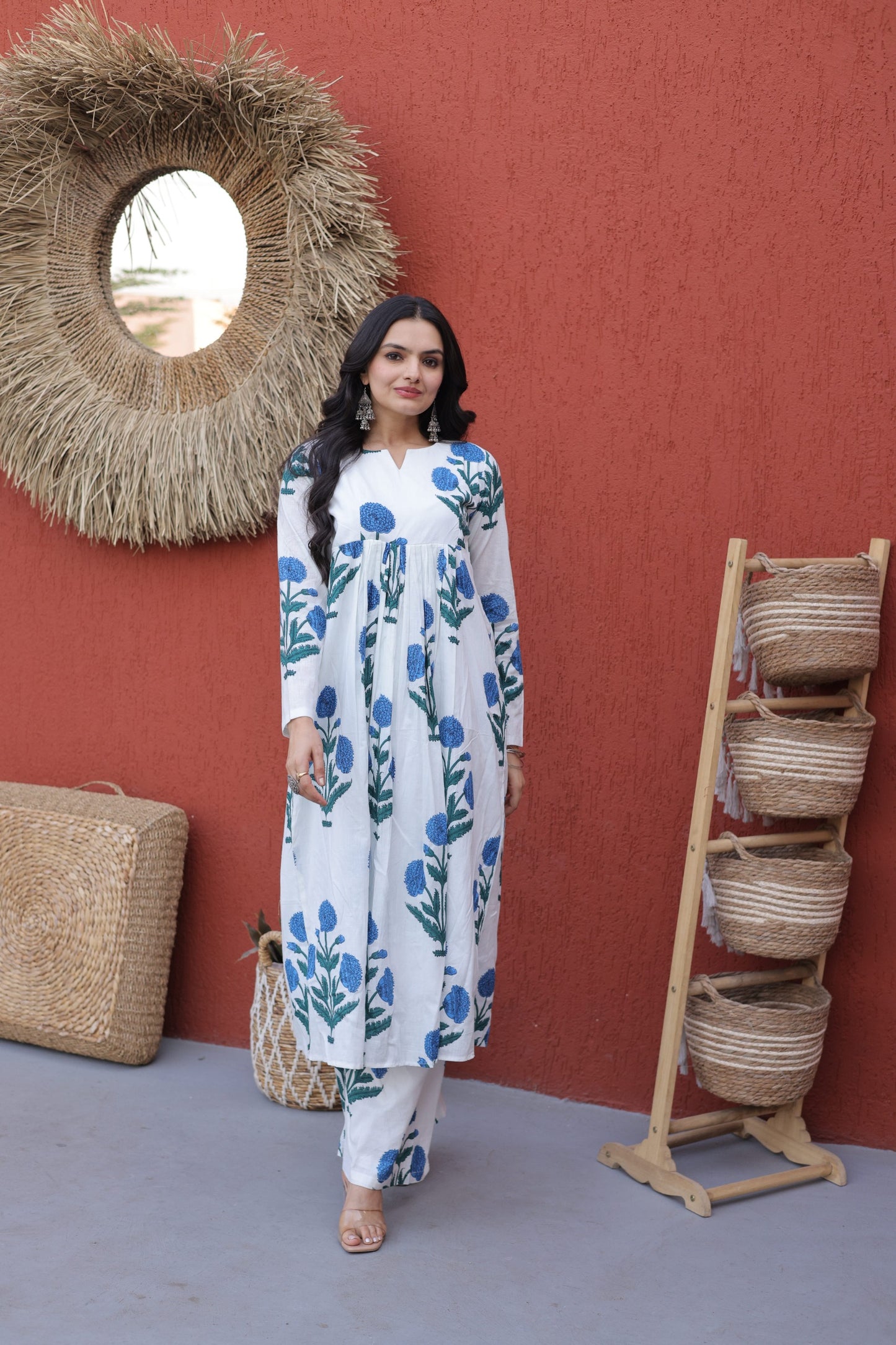White & Blue Floral Printed Cotton Nyra Cut Kurta Set