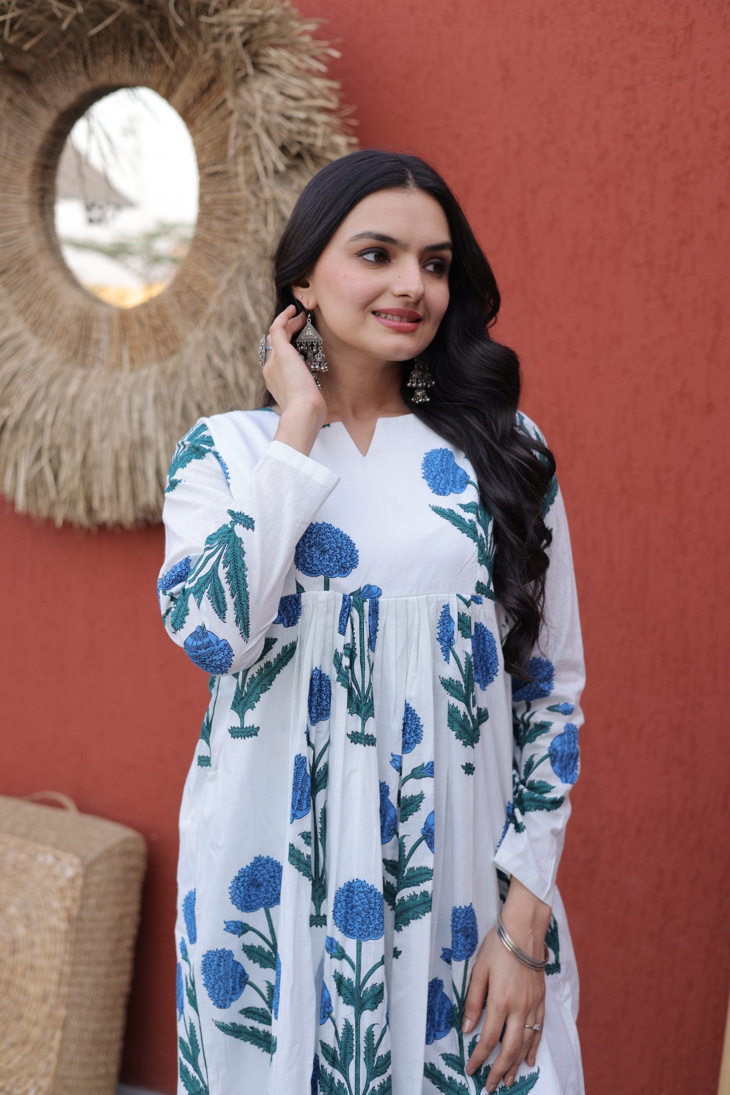 White & Blue Floral Printed Cotton Nyra Cut Kurta Set
