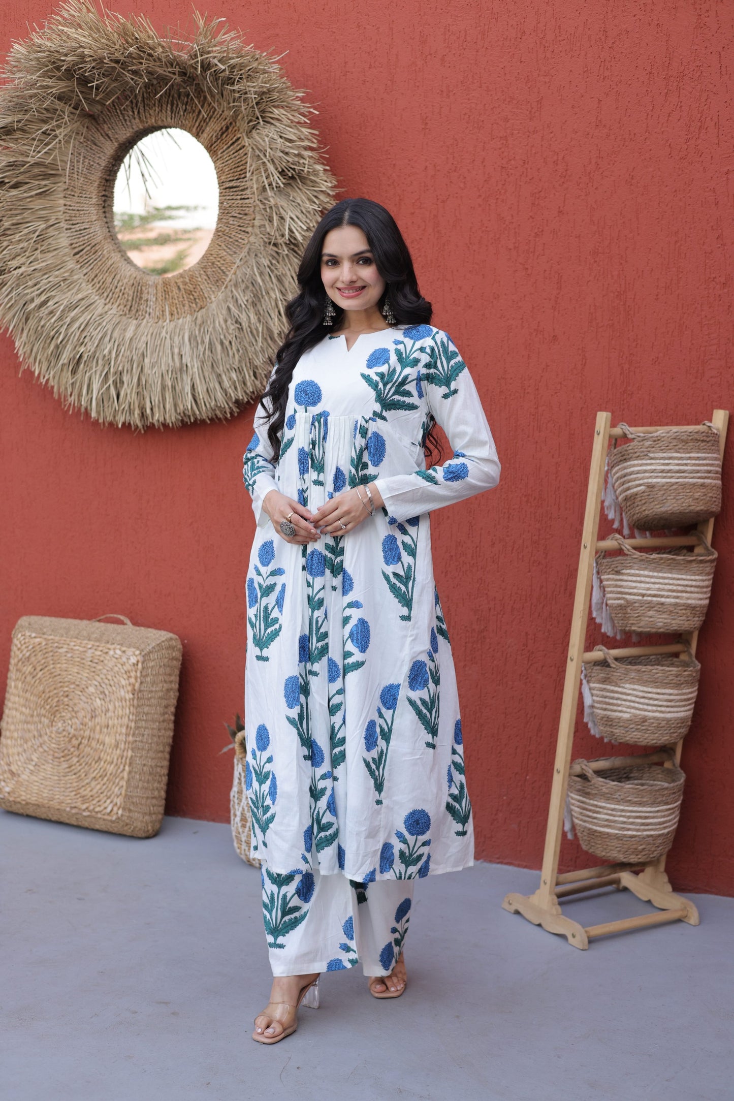 White & Blue Floral Printed Cotton Nyra Cut Kurta Set