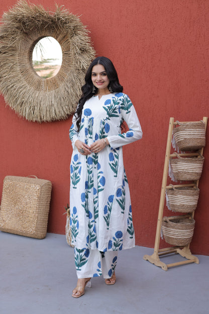 White & Blue Floral Printed Cotton Nyra Cut Kurta Set