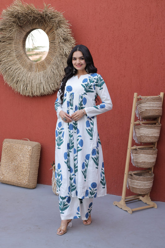 White & Blue Floral Printed Cotton Nyra Cut Kurta Set