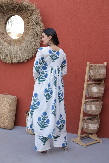 White & Blue Floral Printed Cotton Nyra Cut Kurta Set