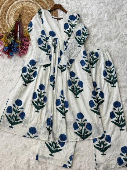 White & Blue Floral Printed Cotton Nyra Cut Kurta Set