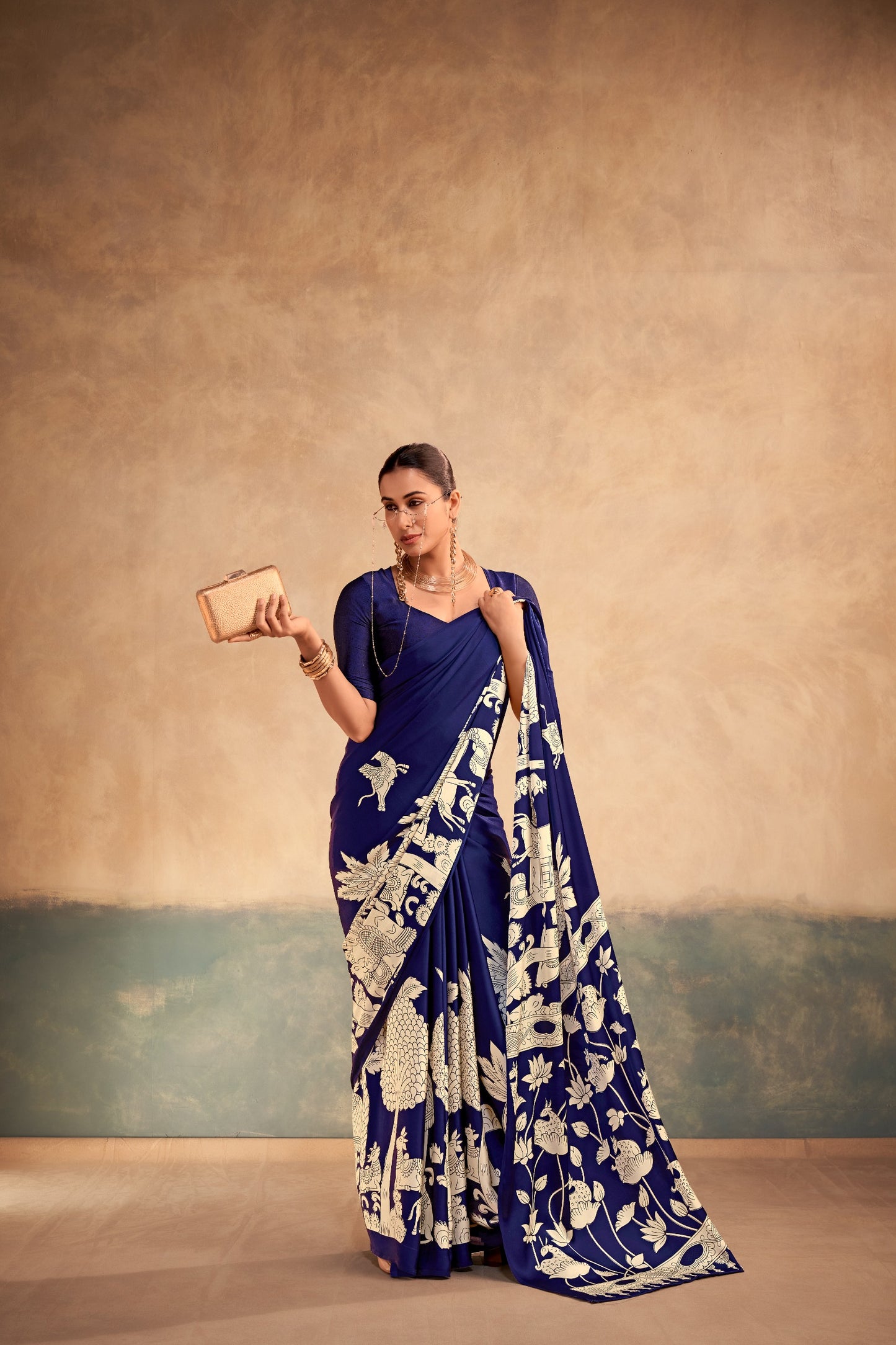 Satin Silk Kalamkari Print Saree With Unstitched Blouse