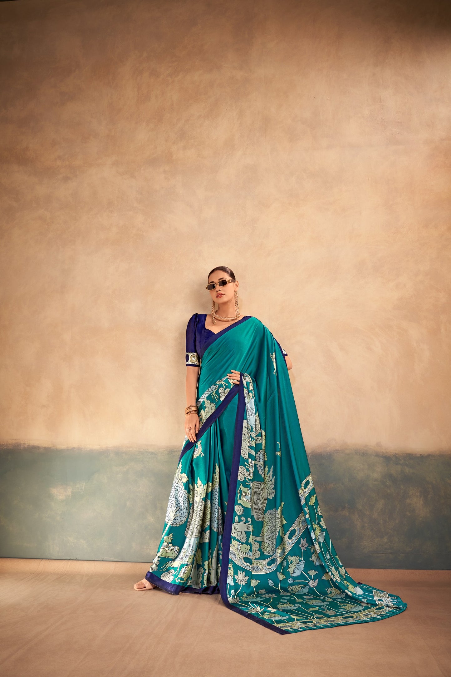 Satin Silk Kalamkari Print Saree With Unstitched Blouse