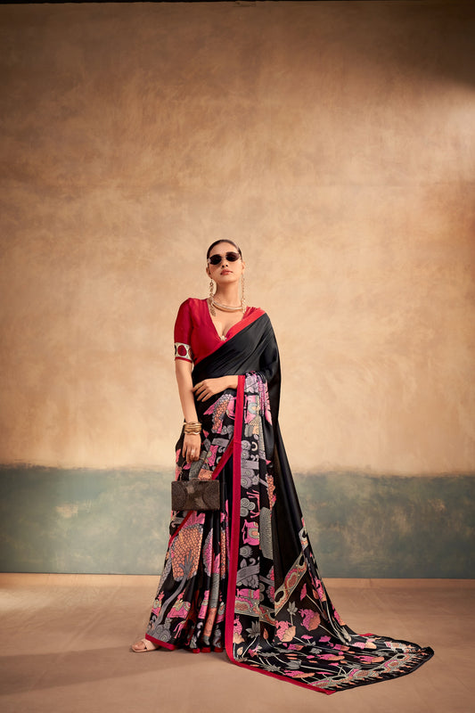 Satin Silk Kalamkari Print Saree With Unstitched Blouse