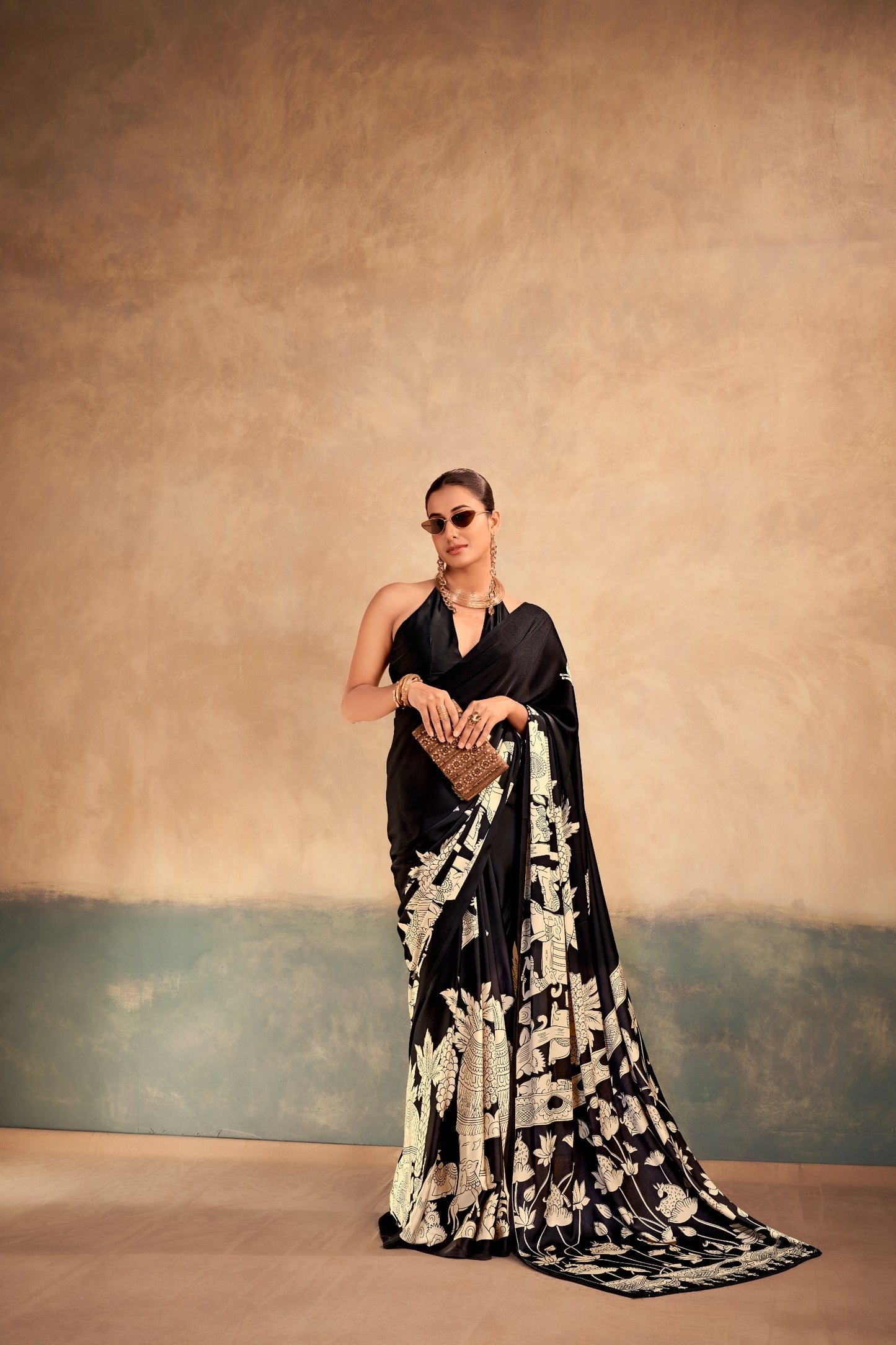 Satin Silk Kalamkari Print Saree With Unstitched Blouse