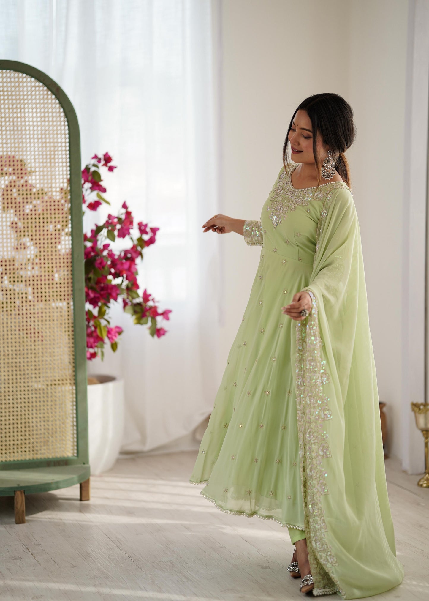 Elegant Embroidered Rembo Sequence Designer Anarkali Three Piece Set