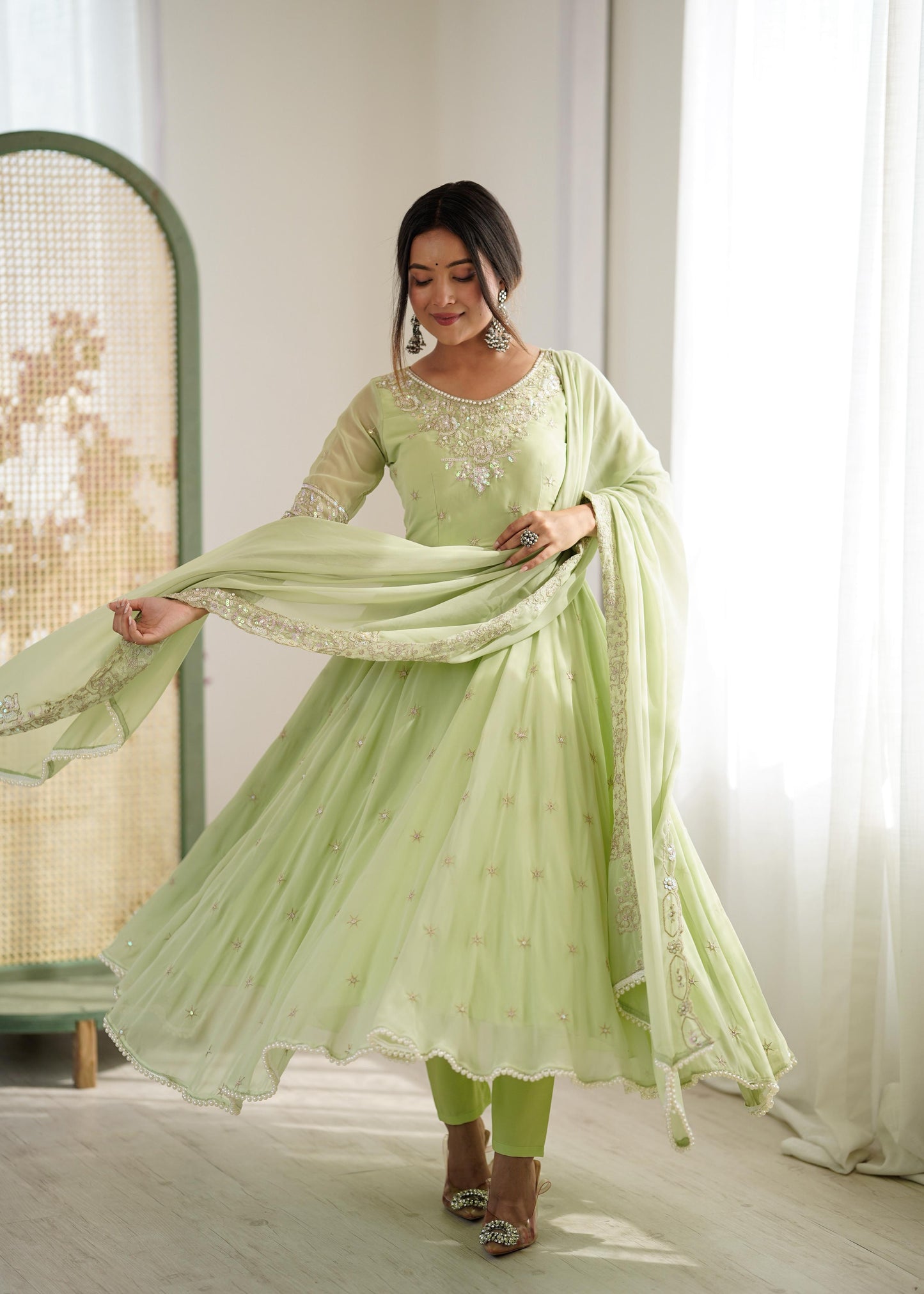 Elegant Embroidered Rembo Sequence Designer Anarkali Three Piece Set