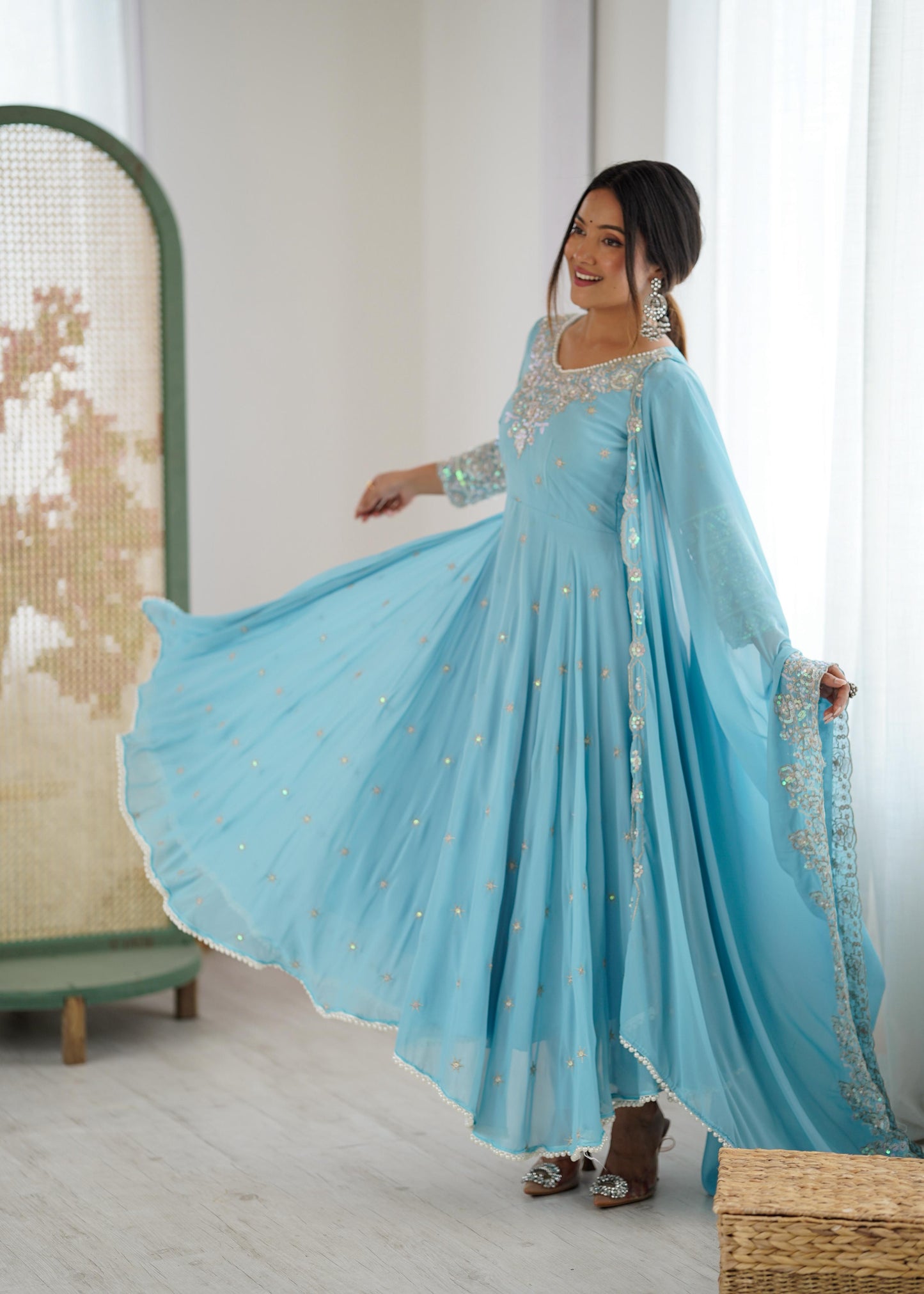 Elegant Embroidered Rembo Sequence Designer Anarkali Three Piece Set