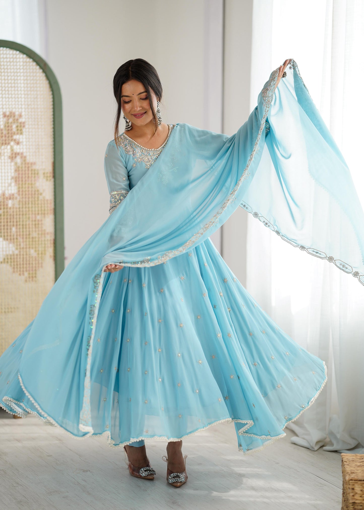 Elegant Embroidered Rembo Sequence Designer Anarkali Three Piece Set