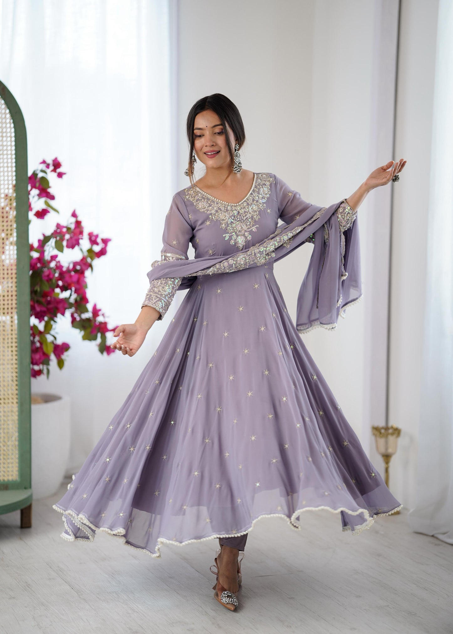 Elegant Embroidered Rembo Sequence Designer Anarkali Three Piece Set