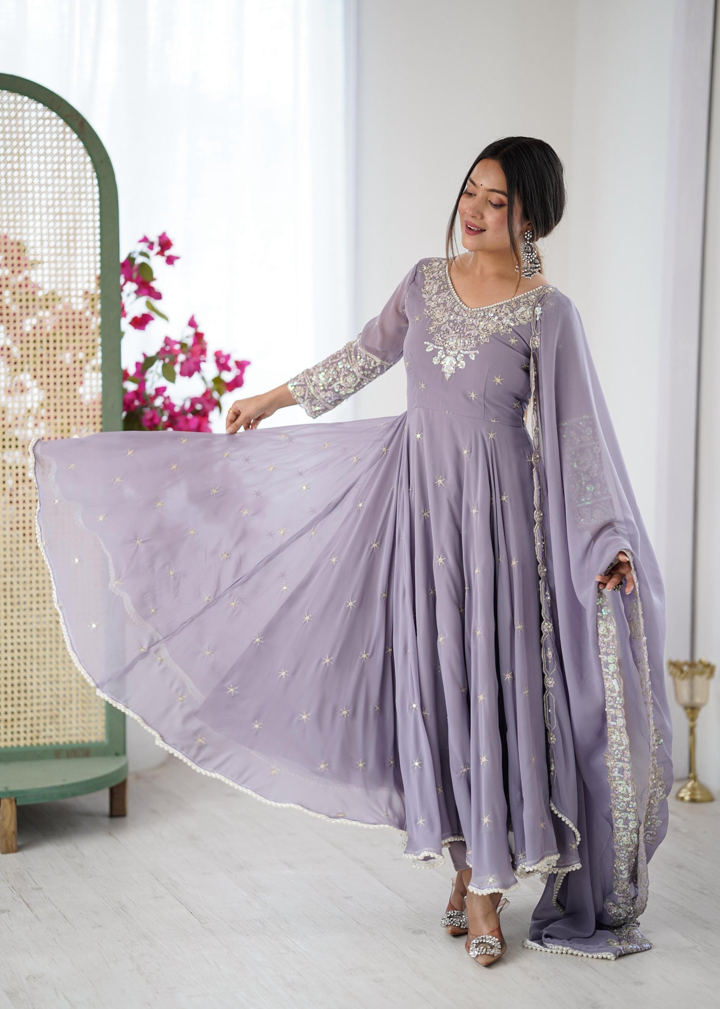 Elegant Embroidered Rembo Sequence Designer Anarkali Three Piece Set