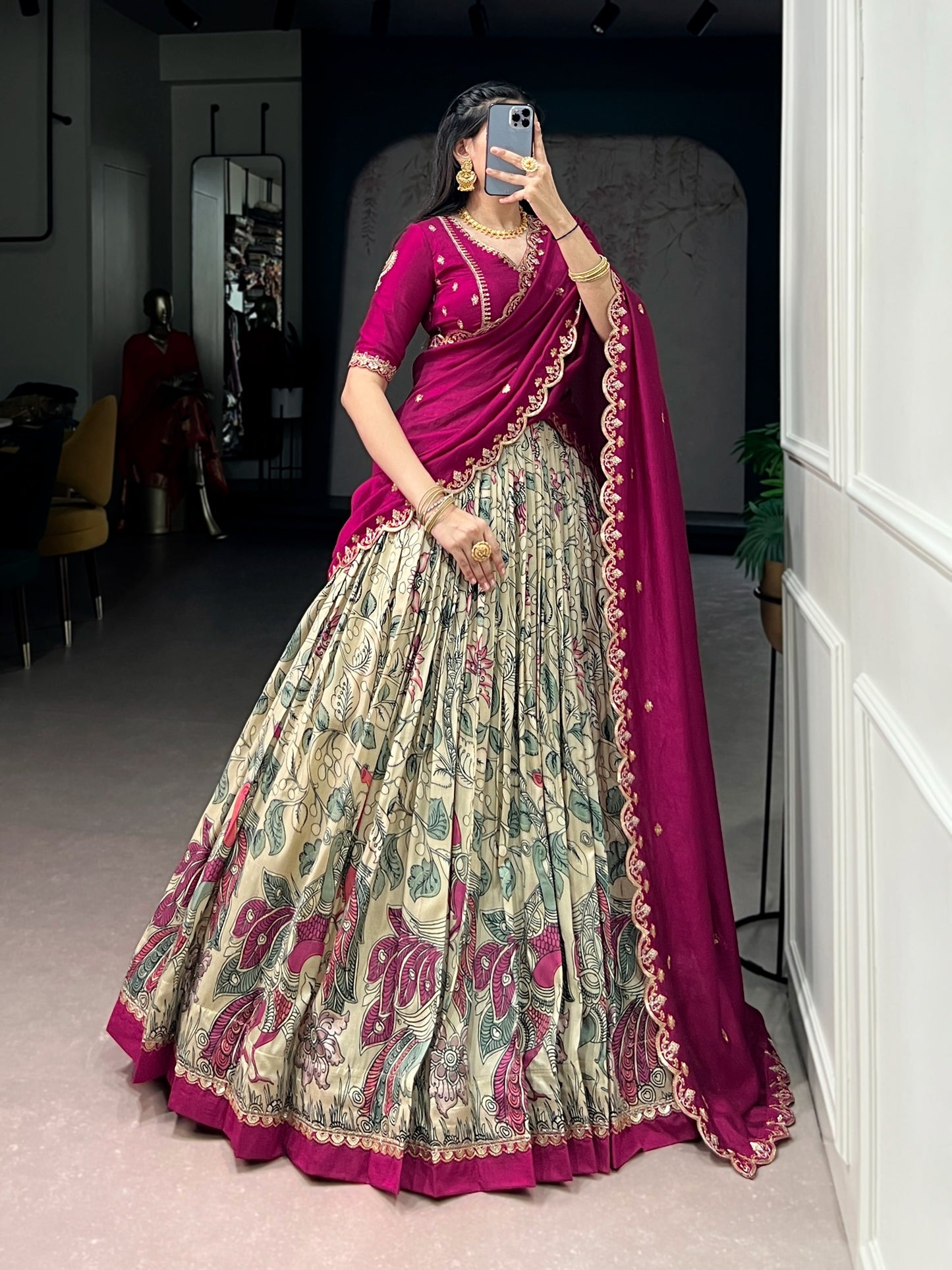 Kalamkari Print Lehenga Choli with Dupatta