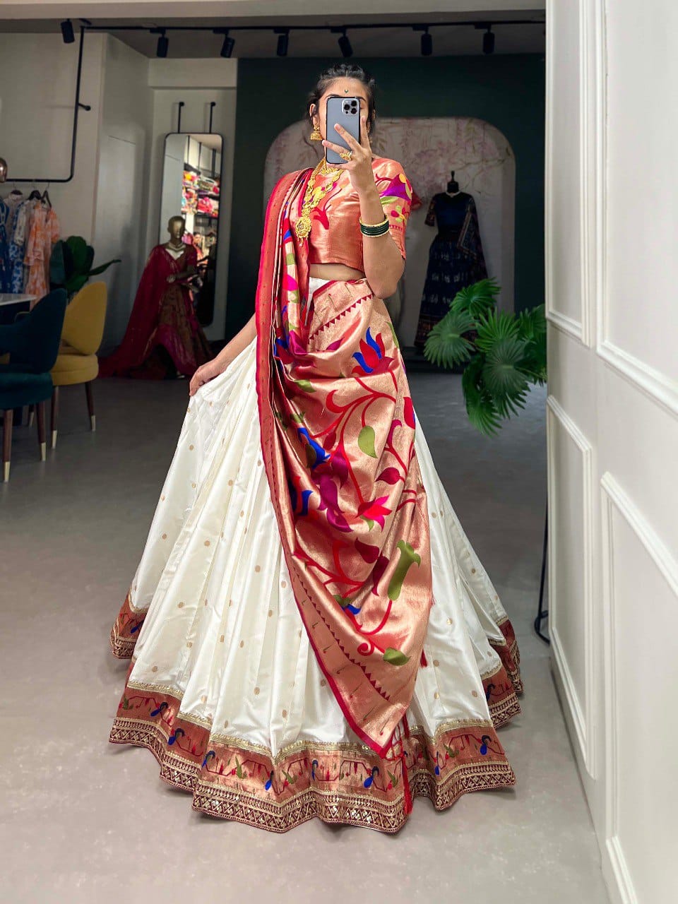 White Colour Jacquard Silk Paithani Lehenga Choli with Dupatta