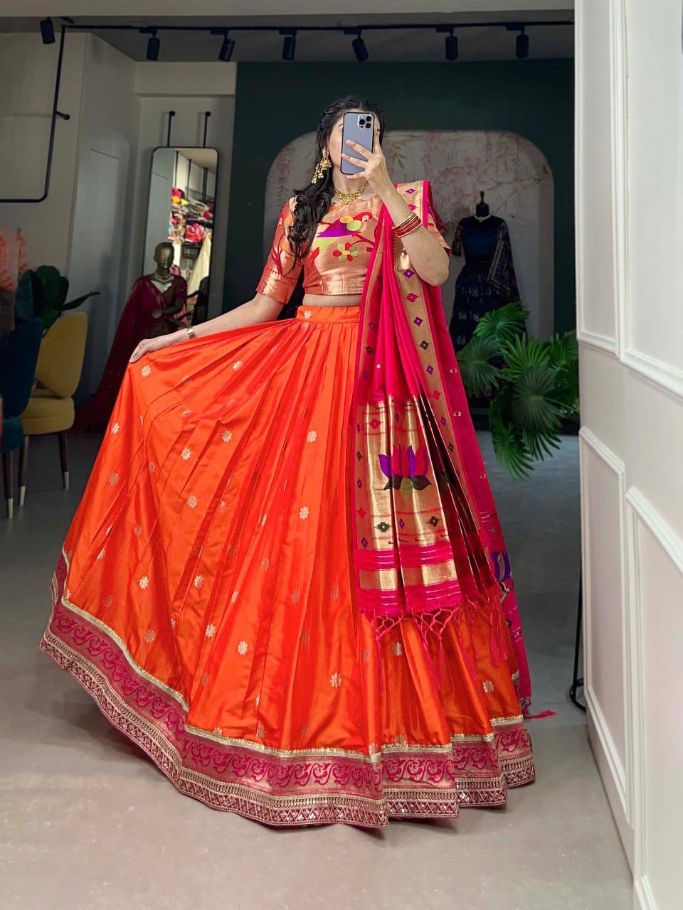 Orange Colour Jacquard Silk Paithani Lehenga Choli with Dupatta