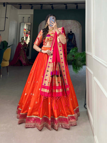 Orange Colour Jacquard Silk Paithani Lehenga Choli with Dupatta