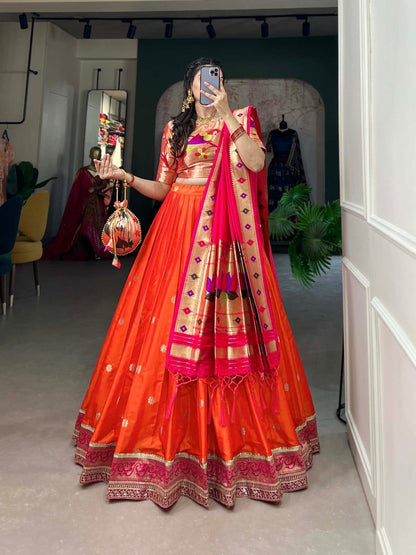 Orange Colour Jacquard Silk Paithani Lehenga Choli with Dupatta