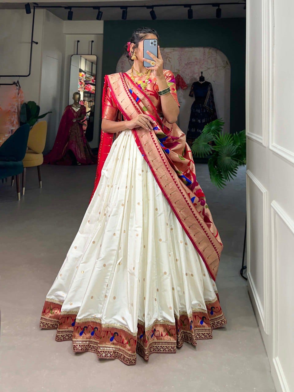 White Colour Jacquard Silk Paithani Lehenga Choli with Dupatta