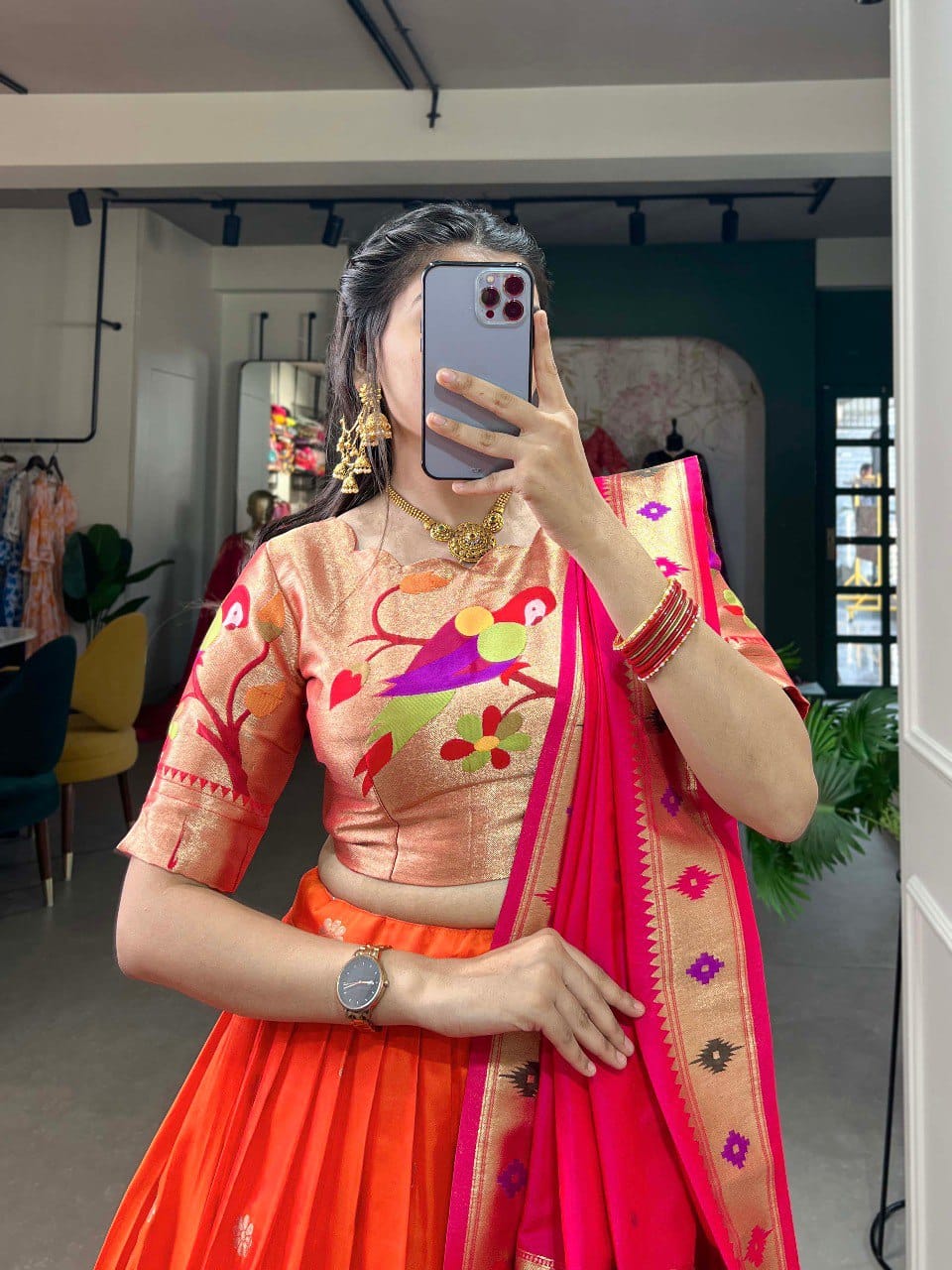 Orange Colour Jacquard Silk Paithani Lehenga Choli with Dupatta