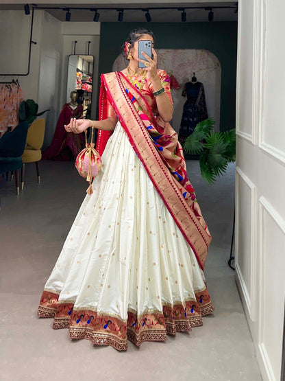 White Colour Jacquard Silk Paithani Lehenga Choli with Dupatta