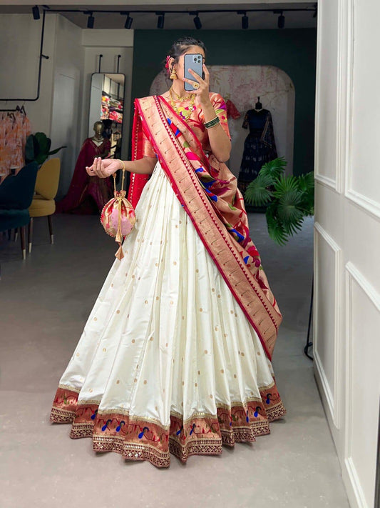 White Colour Jacquard Silk Paithani Lehenga Choli with Dupatta