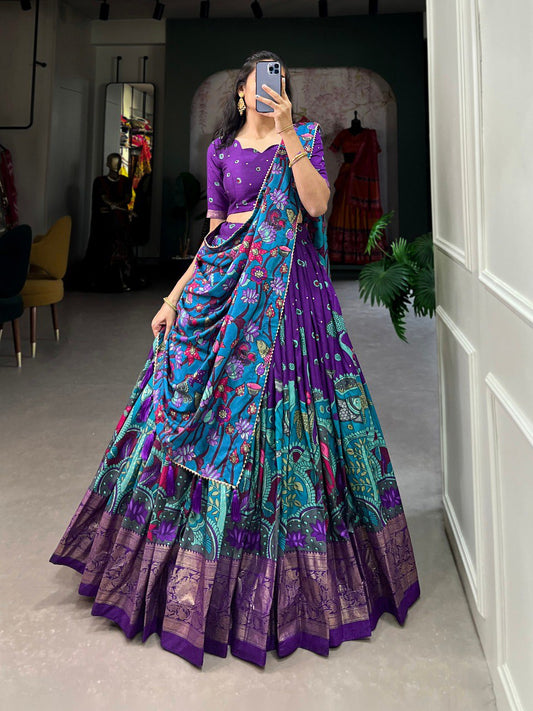 Purple Color Tussar Silk Designer Kalamkari Print Lehenga Choli with Dupatta with a foil work border