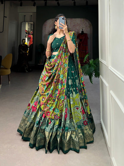 Green Color Tussar Silk Designer Kalamkari Print Lehenga Choli with Dupatta with a foil work border