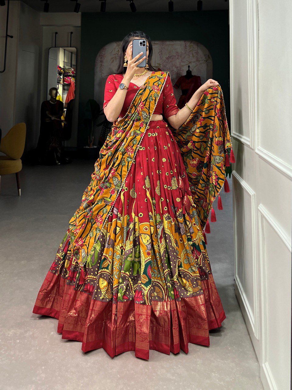 Red Color Tussar Silk Designer Kalamkari Print Lehenga Choli with Dupatta with a foil work border
