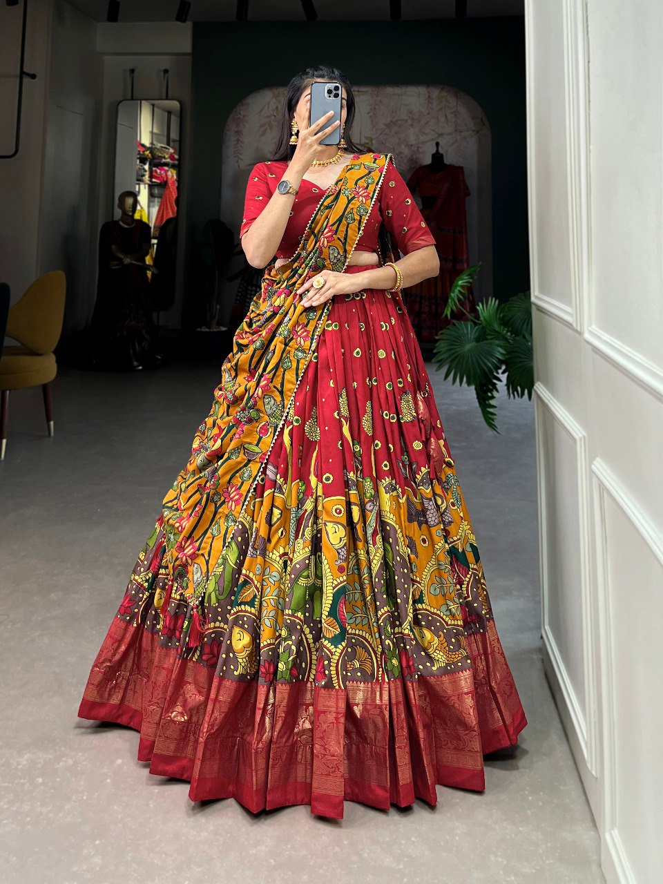 Red Color Tussar Silk Designer Kalamkari Print Lehenga Choli with Dupatta with a foil work border