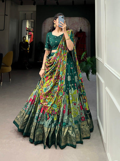Green Color Tussar Silk Designer Kalamkari Print Lehenga Choli with Dupatta with a foil work border