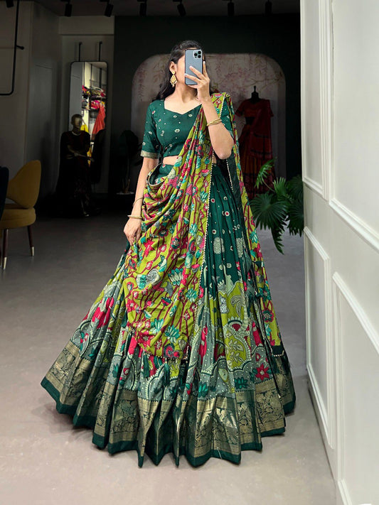 Green Color Tussar Silk Designer Kalamkari Print Lehenga Choli with Dupatta with a foil work border
