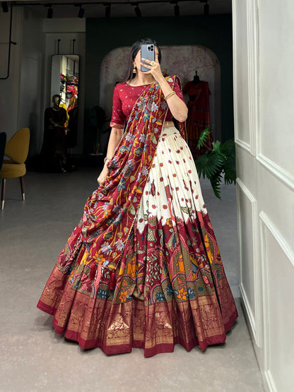 White Color Tussar Silk Designer Kalamkari Print Lehenga Choli with Dupatta with a foil work border