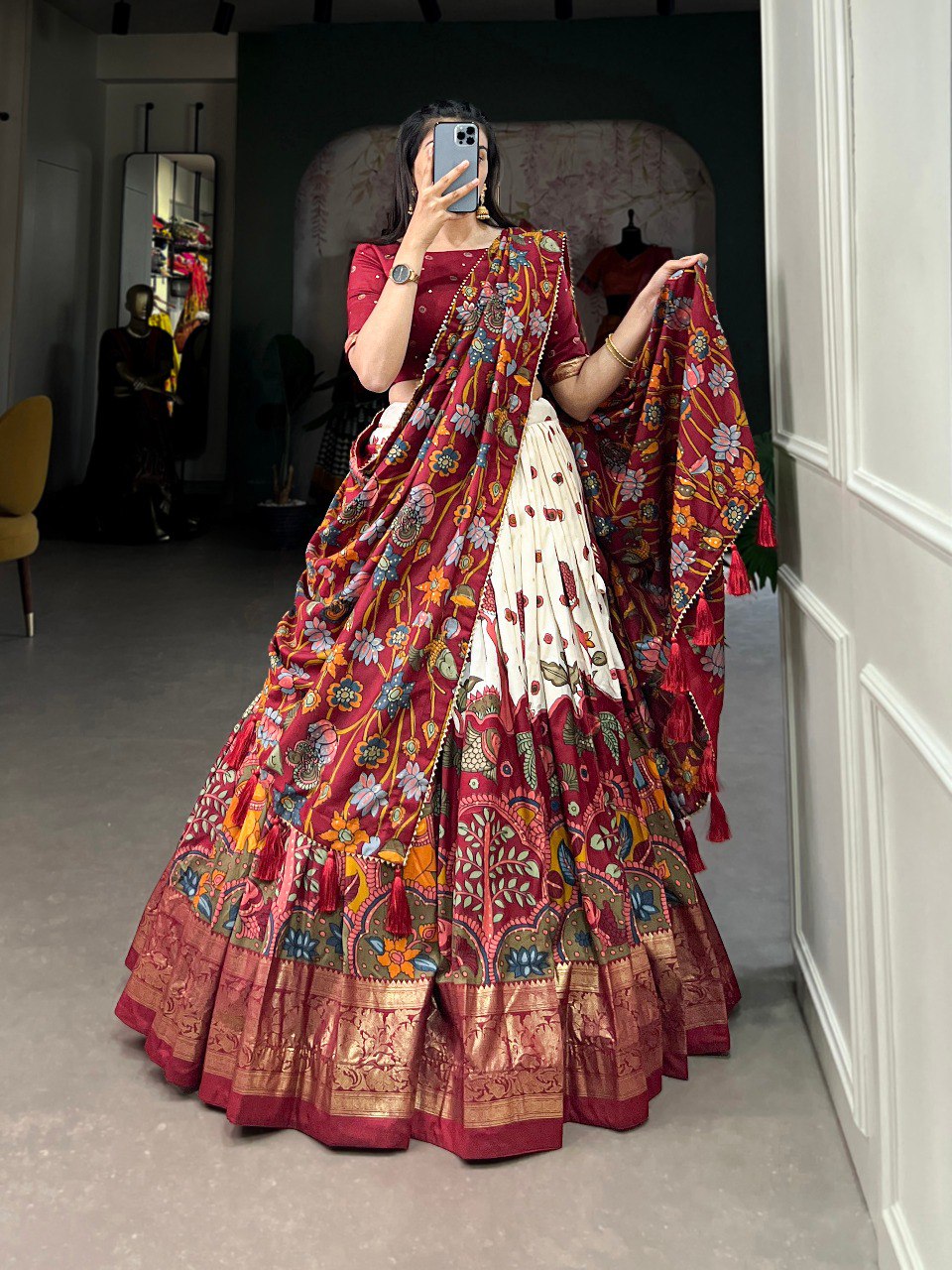White Color Tussar Silk Designer Kalamkari Print Lehenga Choli with Dupatta with a foil work border