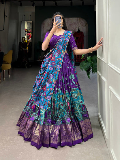Purple Color Tussar Silk Designer Kalamkari Print Lehenga Choli with Dupatta with a foil work border