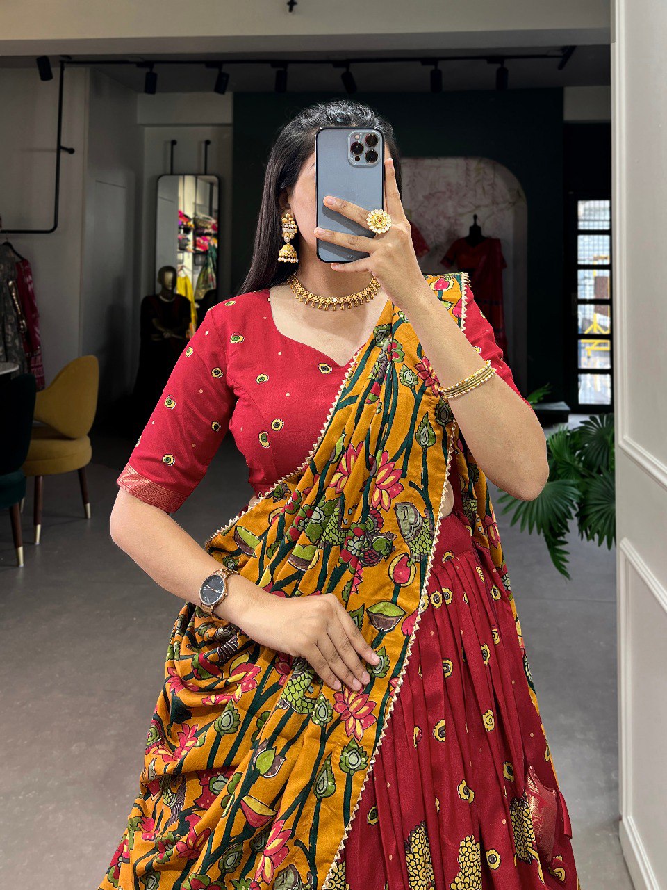Red Color Tussar Silk Designer Kalamkari Print Lehenga Choli with Dupatta with a foil work border