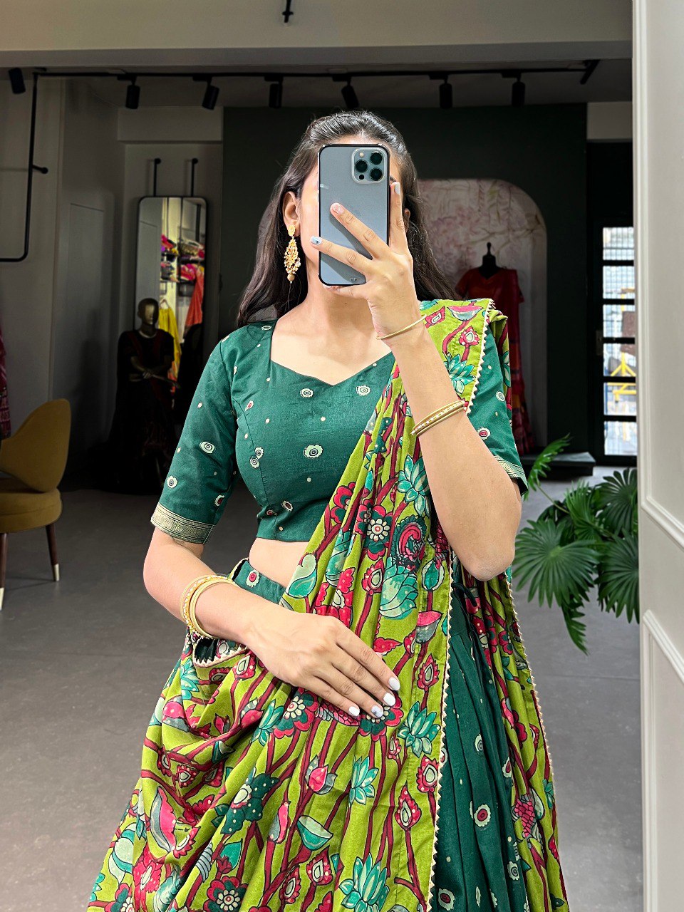 Green Color Tussar Silk Designer Kalamkari Print Lehenga Choli with Dupatta with a foil work border