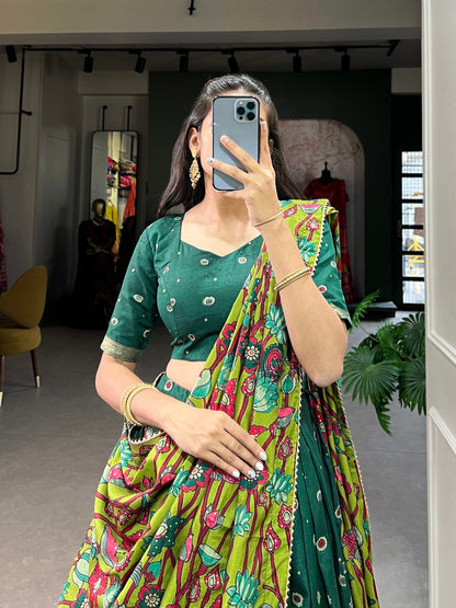 Green Color Tussar Silk Designer Kalamkari Print Lehenga Choli with Dupatta with a foil work border
