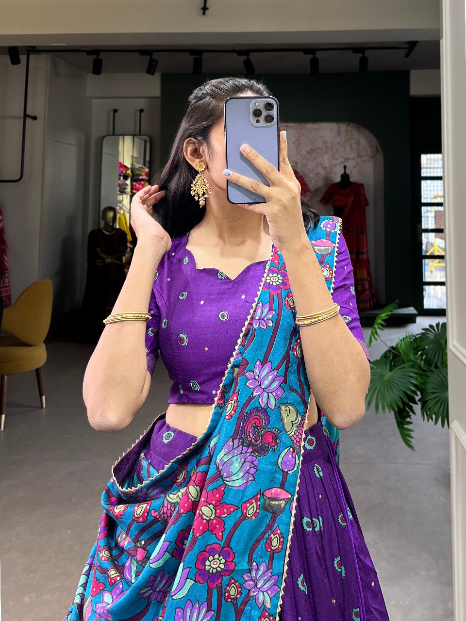 Purple Color Tussar Silk Designer Kalamkari Print Lehenga Choli with Dupatta with a foil work border