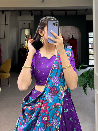 Purple Color Tussar Silk Designer Kalamkari Print Lehenga Choli with Dupatta with a foil work border