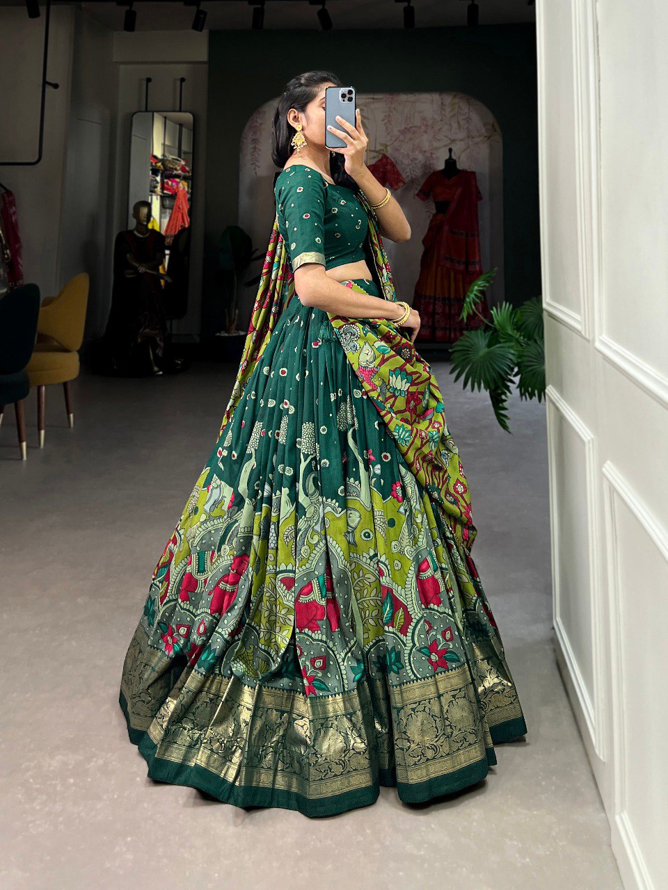 Green Color Tussar Silk Designer Kalamkari Print Lehenga Choli with Dupatta with a foil work border