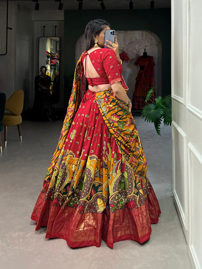 Red Color Tussar Silk Designer Kalamkari Print Lehenga Choli with Dupatta with a foil work border