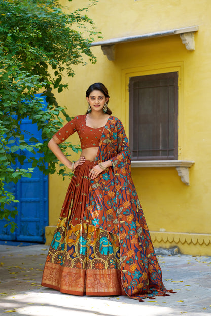 Rust Orange Color Tussar Silk Designer Kalamkari Print Lehenga Choli with Dupatta with a foil work border