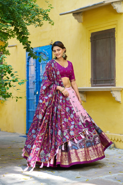 Light Pink Color Tussar Silk Designer Kalamkari Print Lehenga Choli with Dupatta with a foil work border