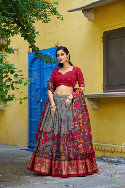 Grey Color Tussar Silk Designer Kalamkari Print Lehenga Choli with Dupatta with a foil work border