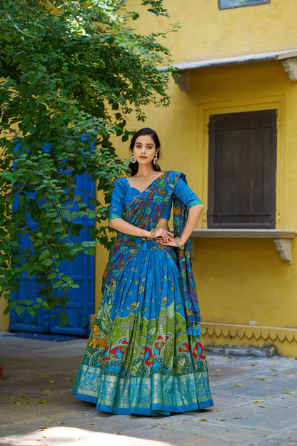 Firozi Colour Tussar Silk Designer Kalamkari Print Lehenga Choli with Dupatta with a foil work border