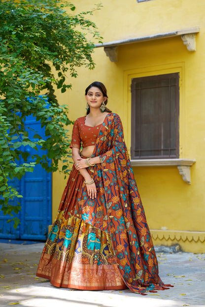 Rust Orange Color Tussar Silk Designer Kalamkari Print Lehenga Choli with Dupatta with a foil work border
