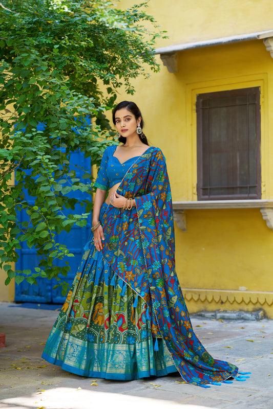 Firozi Colour Tussar Silk Designer Kalamkari Print Lehenga Choli with Dupatta with a foil work border