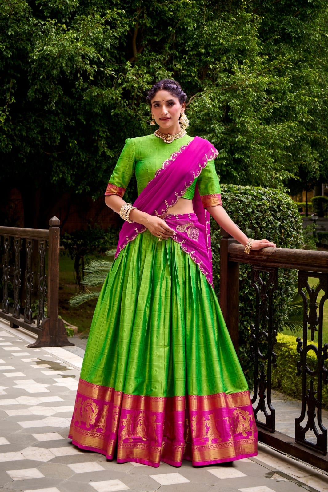 Parrot Green & Pink Poly Cotton Lehenga Choli with Gold Zari Work